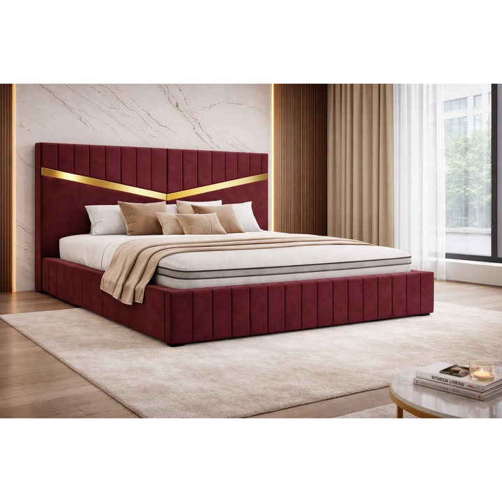 Pat matrimonial tapitat Valentino, Moteco Stef, visiniu, 160x200cm, design elegant