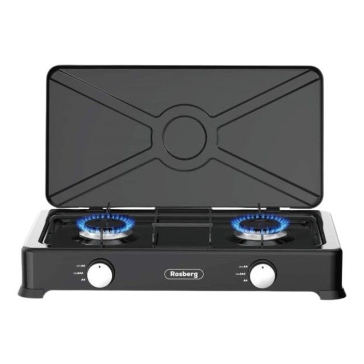 Двоен газов котлон с капак Rosberg R51454E2, 30mbar, 2x2.2kWh, Ръчно запалване, 60 х 33 х 9 сантиметра, Черен