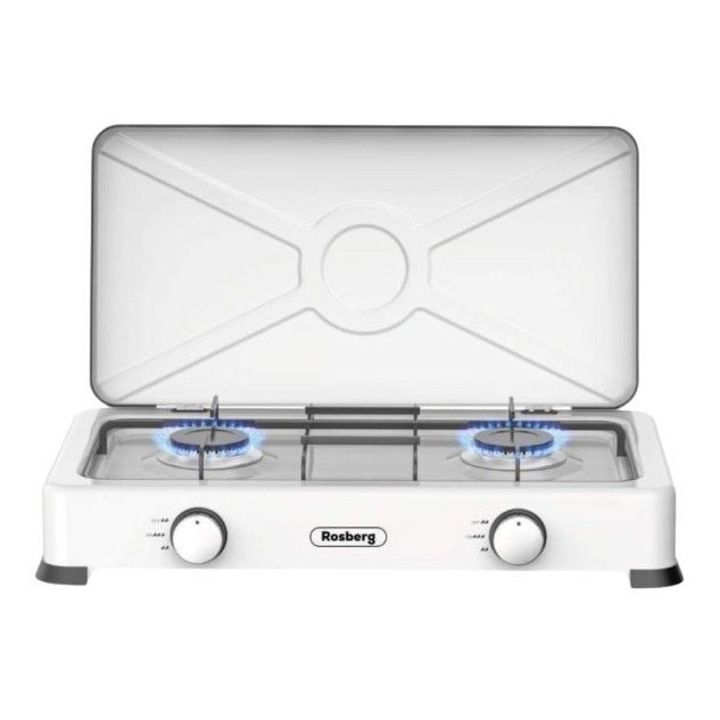 Двоен газов котлон с капак Rosberg R51454E2, 30mbar, 2x2.2kWh, Автоматично запалване, 60 х 33 х 9 сантиметра, Бял