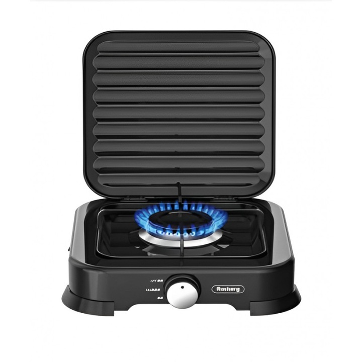 Газов единичен котлон с капак Rosberg R51454D1, 30mbar, 2.2kWh, Въглеродна стомана, Горелка: Лят алуминий с емайлирана капачка, 27 х 27 х 6 сантиметра, Черен