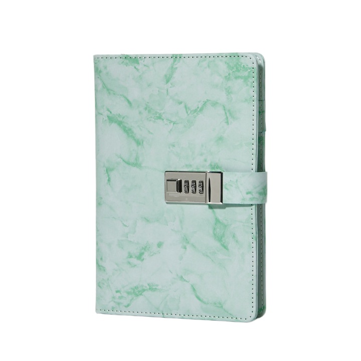 Jurnal, format A5, 96 de pagini, cu incuietoare cu cod, model marmorat, stil retro, portabil, 14, 5 x 21, 5 cm, verde