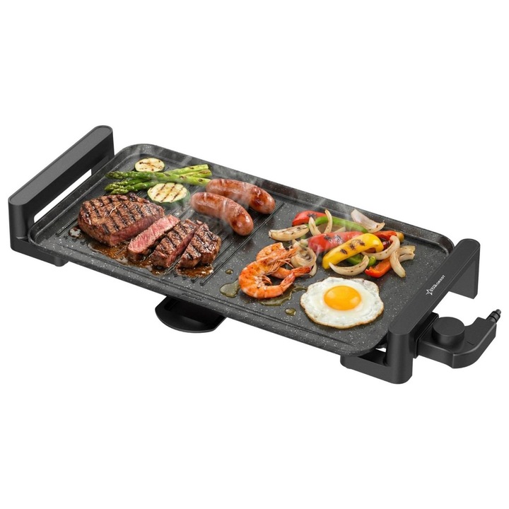 Gratar electric STARCREST SGR-4726, 2000 W, Termostat reglabil, Placa cu invelis ceramic tip grill/neted, Suprafata de gatire 47 x 26.5 cm, Negru/Inox