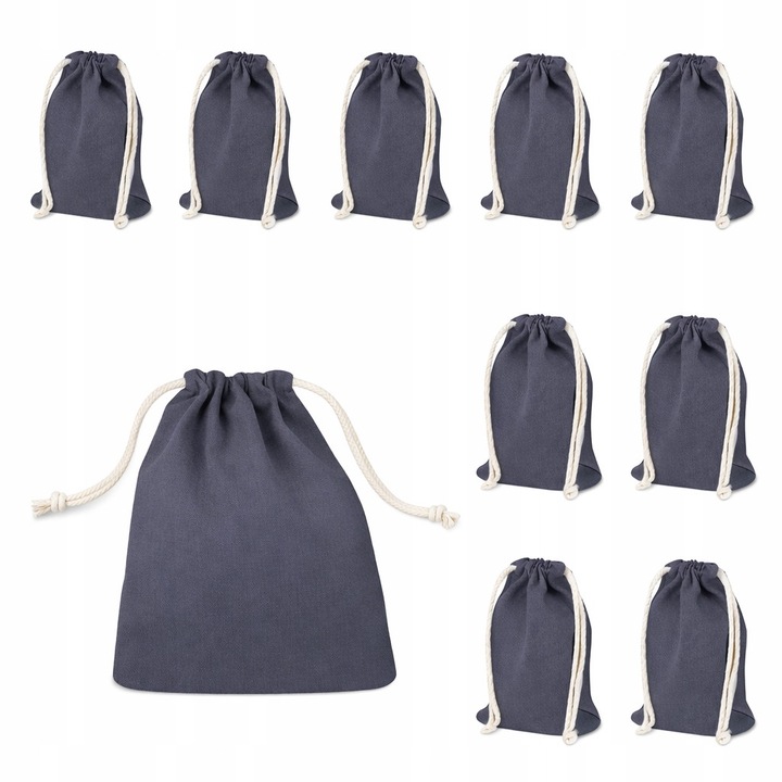Set 10 pungi din bumbac 15x20 cm gri, 220g, cu snur alb, pentru depozitare si ambalare cadouri