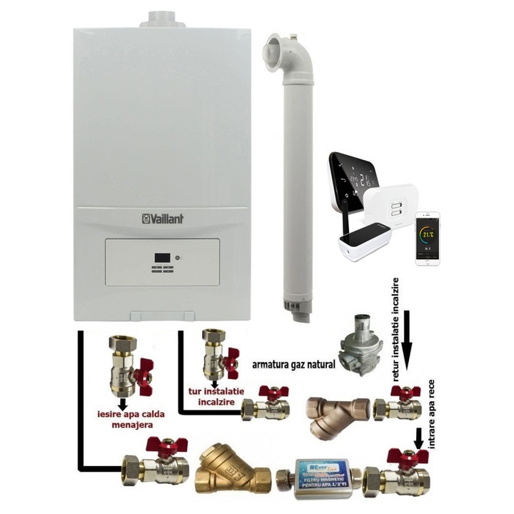 Pachet Centrala termica in condensatie Vaillant ecoTEC Pure VUW 236/7-2, 23 kw, murala, afisaj digital, schimbator caldura inox, kit de evacuare, termostat Salus IT 500 si fitinguri montaj