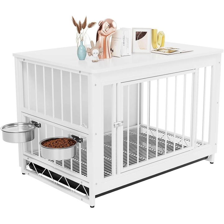 Cusca pentru caini tip mobilier, Masuta laterala, 99 cm, Usi duble, Boluri detasabile, Tava, Lemn si otel, Pentru interior, Alb