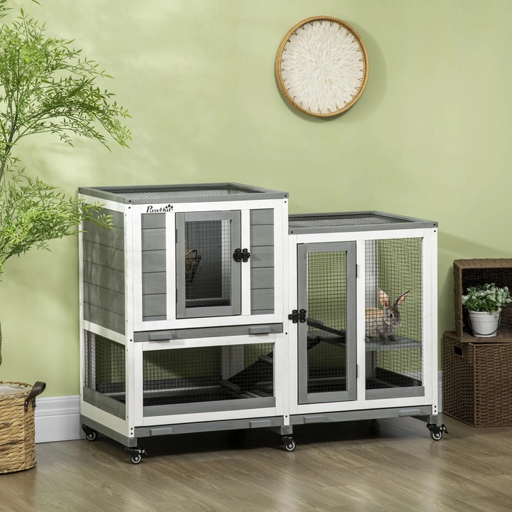 Cusca pentru iepuri, de interior din lemn, cu 6 roti, 110 x 50 x 86 cm, auriu