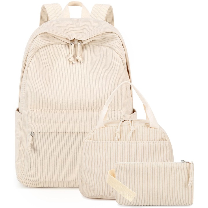 Set rucsaci dama, bej solid, include geanta de pranz si etui pentru creioane, pentru laptop de 15 inch