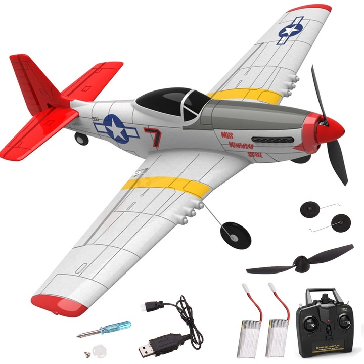 Avion RC Mini P-51D Mustang V2, 2 canale, giroscop pe 6 axe, alb, anvergura 400 mm, set cu 2 baterii