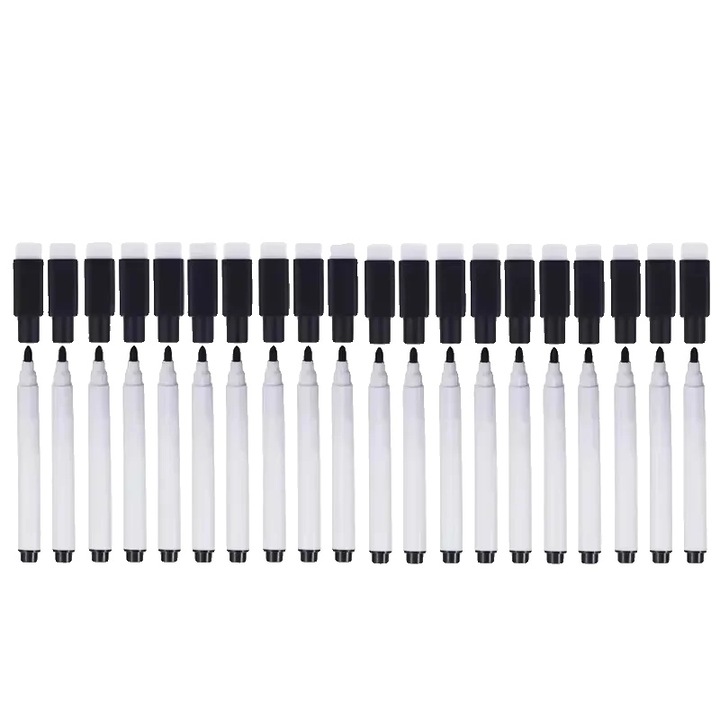 Set 20 markere pentru tabla, cerneala neagra, varf din fibra, cu stergator integrat