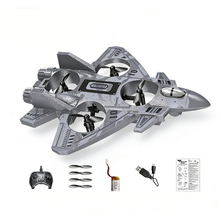 Avion RC 360 Flip Fighter, LED colorat, 4 motoare turbofan, gri deschis
