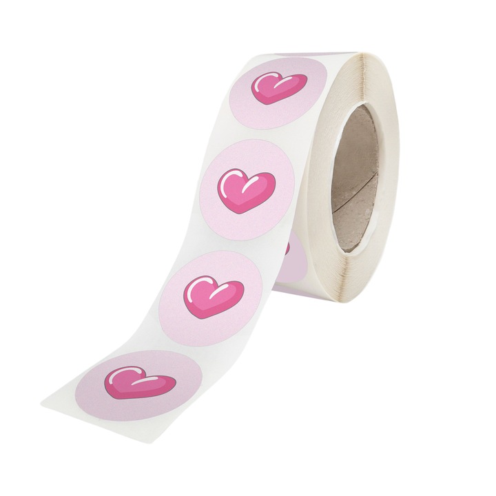Rola 1000 Stickere/Etichete autoadezive Model Love Pink Heart Trails 1A, Diametru 5cm