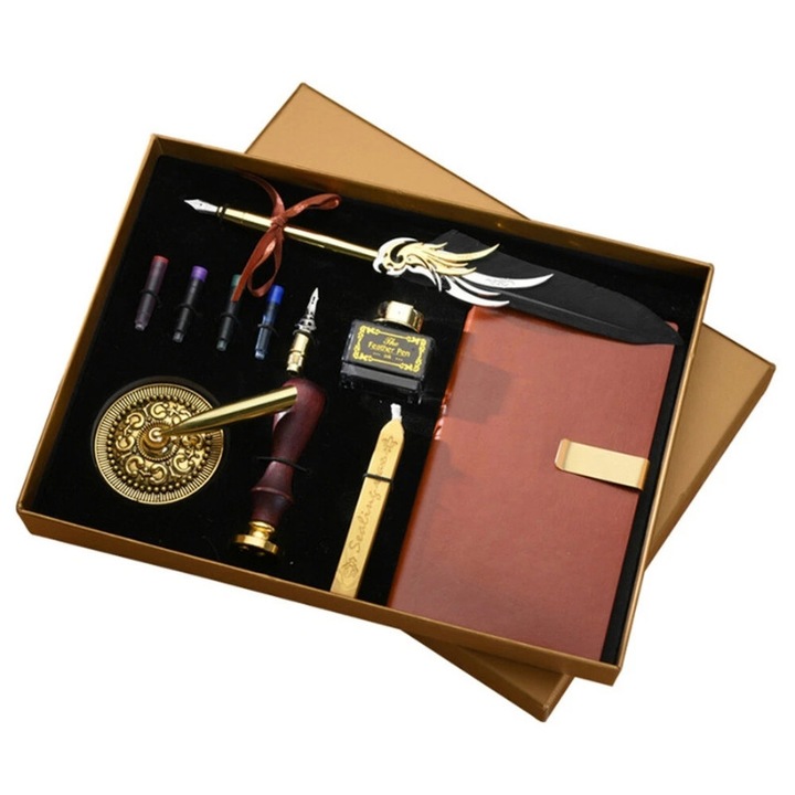 Set caligrafie vintage, cu Pana Neagra si Carnet, Royal Script Collection, Stil Retro, Penita Metalica, Cerneala si Suport, Caligrafie Artistica, Set Premium cu Accesorii complete, PYKA, Negru