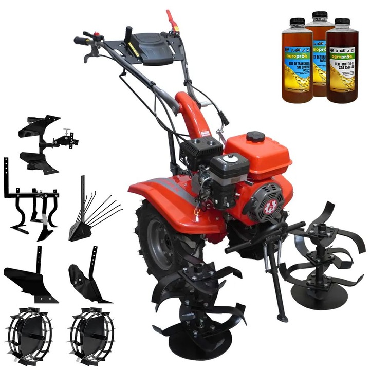 Motocultor Rotakt Junior Plus RO101Rx, motor 7 CP, benzina, latime lucru 56-90, 2+1 viteze, roti 5.00-8, freze, roti metal, plug arat, rarita reglabila, plug cartofi, cultivator, plug reversibil, 3l ulei