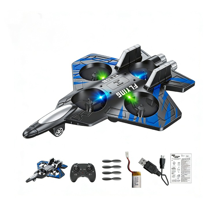 Avion RC 2.4GHZ, 360 Flip Fighter, LED colorat, 4 motoare turbofan, zbor automat, 50pro, albastru
