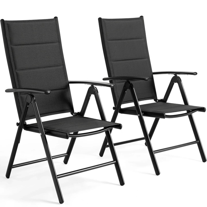 Scaun de gradina pliabil, Scaun reglabil, Spatar cu 7 pozitii, Cu brate, Rezistent la intemperii, Cadru din aluminiu, 65×56×110 cm, Negru