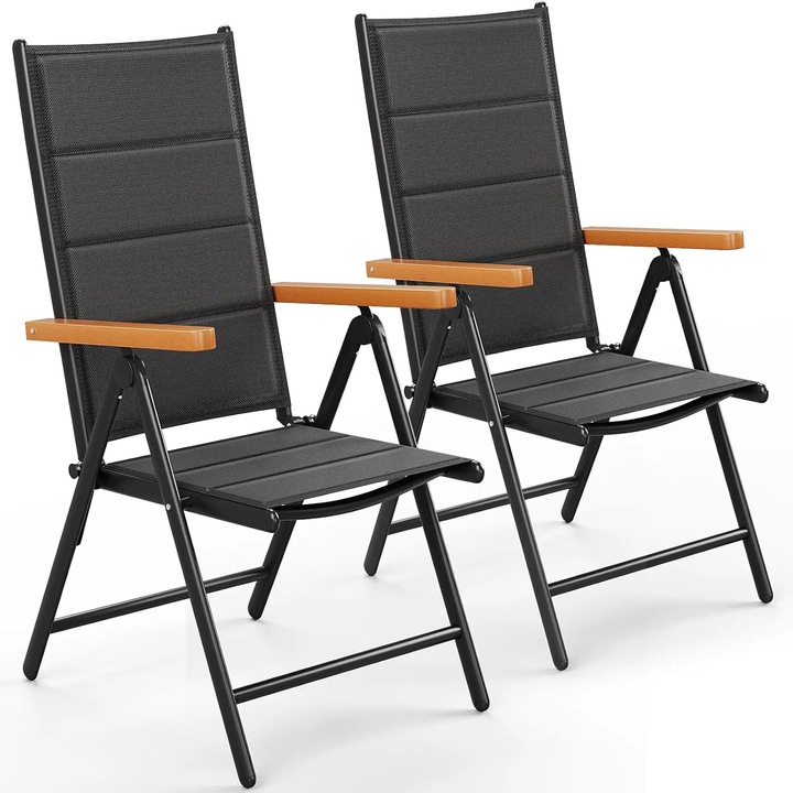 Scaun de gradina, Pliabil din aluminiu, Spatar inalt, Reglabil in 7 pozitii, Rezistent la intemperii, 150 kg, Cotiere din tec negre, Khaki inchis