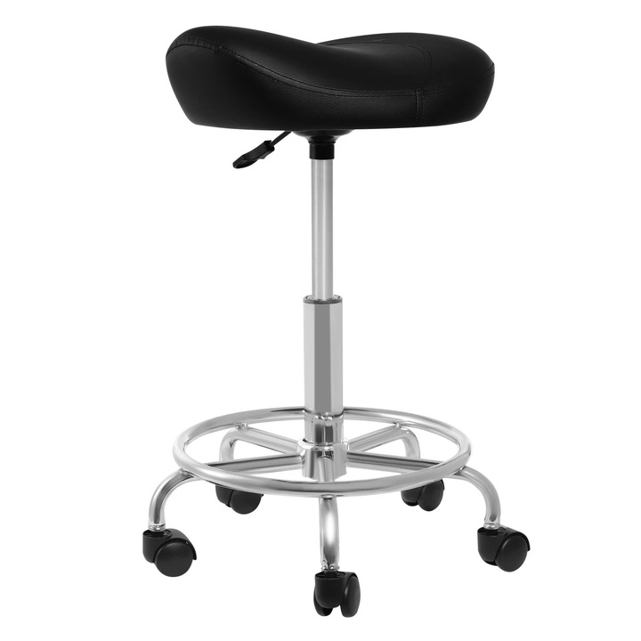 Scaun sa, taburet cu roti, ergonomic, reglabil pe inaltime 45–59 cm, baza cu 5 brate pe roti, sarcina maxima 150 kg, sezut PU usor de curatat, negru