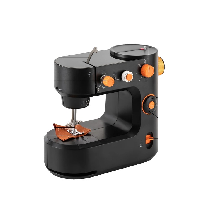 Masina de cusut mini, design portabil, optiuni de cusut versatile, neagra