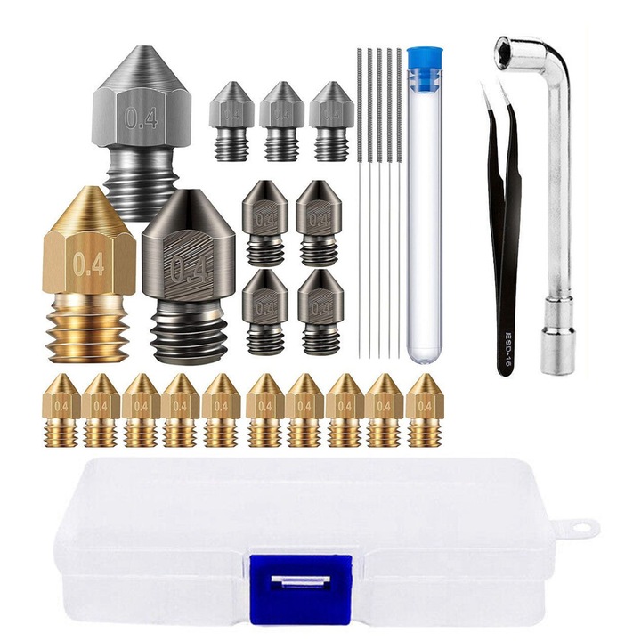 Set 25 duze de imprimare 3D, rezistenta la uzura si coroziune, 1.75mm, cu cutie de depozitare