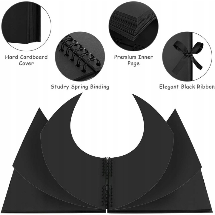 Album scrapbook DIY, 60 pagini, negru, set cu accesorii