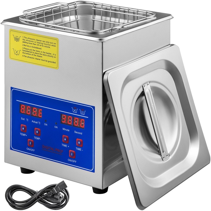 Masina de curatat ultrasonica 2L VEVOR, otel inoxidabil, 40kHz, capacitate rezervor 1.8-2L, dimensiuni 177x165x220mm