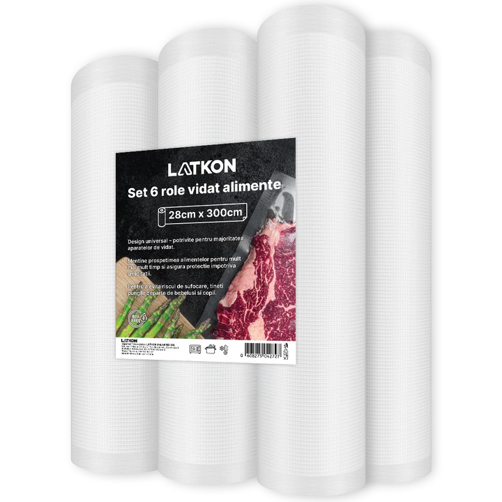 Set 6 Role Pungi de Vidat, Latkon®, 28x300 cm, Role Pungi de Vidat Gofrate, Reutilizabile, Lavabile, Fara BPA, Folie Profesionala, Plastic Multistrat, Compatibile Aparate de Vidat 30 cm, Pentru Depozitare Alimente, Congelare si Sous Vide, Transparent