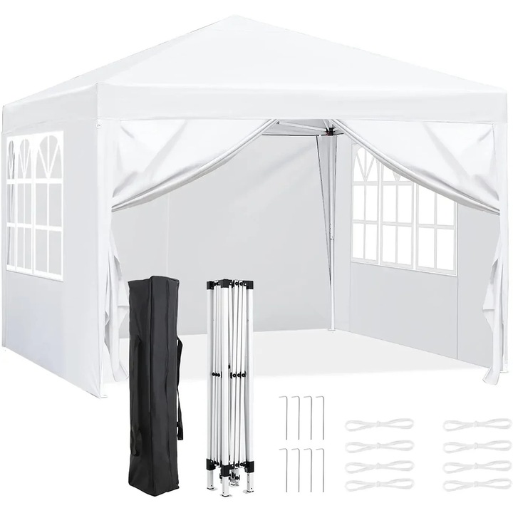 Pavilion pliabil, Cort petrecere 3x3 m, Pereti laterali si ferestre, Inaltime reglabila 176–200 cm, Cadru din otel, Material Oxford cu PVC, Geanta cu roti, Alb