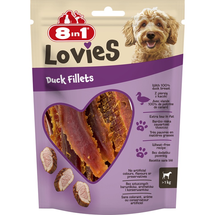 Recompense pentru caini 8 in 1 Lovies Duck Fillets 80g
