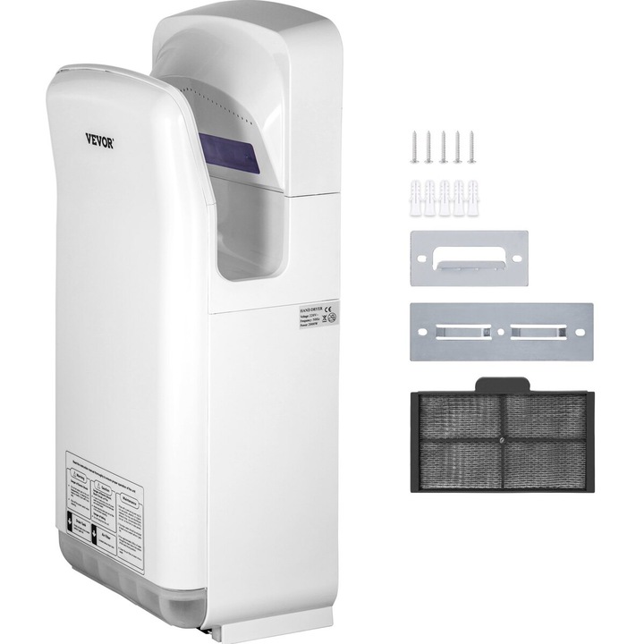 Сушилня за ръце VEVOR, модел VV-JHD-BS, бяла, 2000W, с HEPA филтрация, стенен монтаж, ефективност на сушене 8-10 секунди