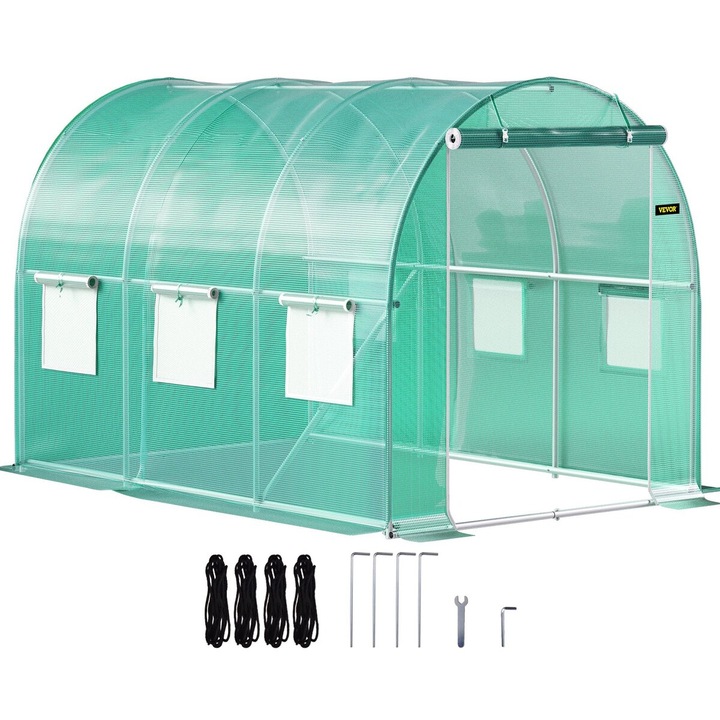 Sera tunel VEVOR, 3x2x2m, verde, structura galvanizata, 6 ferestre plasa, usa cu fermoar