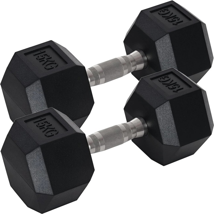 Set gantere hexagonale, gantere cauciucate, pereche 2 x 15 kg, forma anti-rulare, pentru antrenament acasa/sala, negru