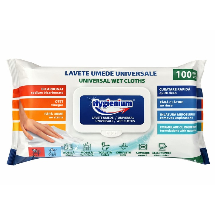 Servetele umede universale Hygienium, bicarbonat si otet, alb, 100 buc / pachet