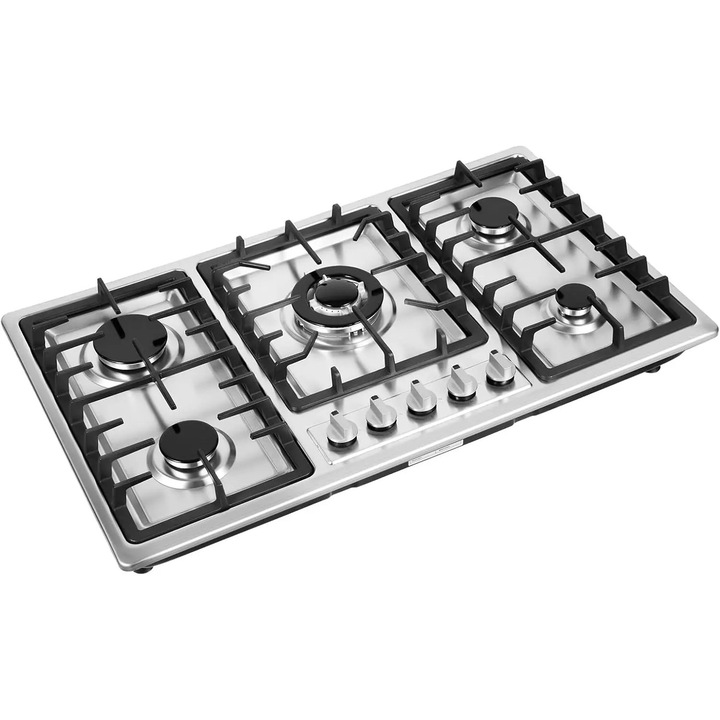 Plita pe gaz, 5 arzatoare, inox, dimensiuni integrate, compatibila cu gaz natural si propan