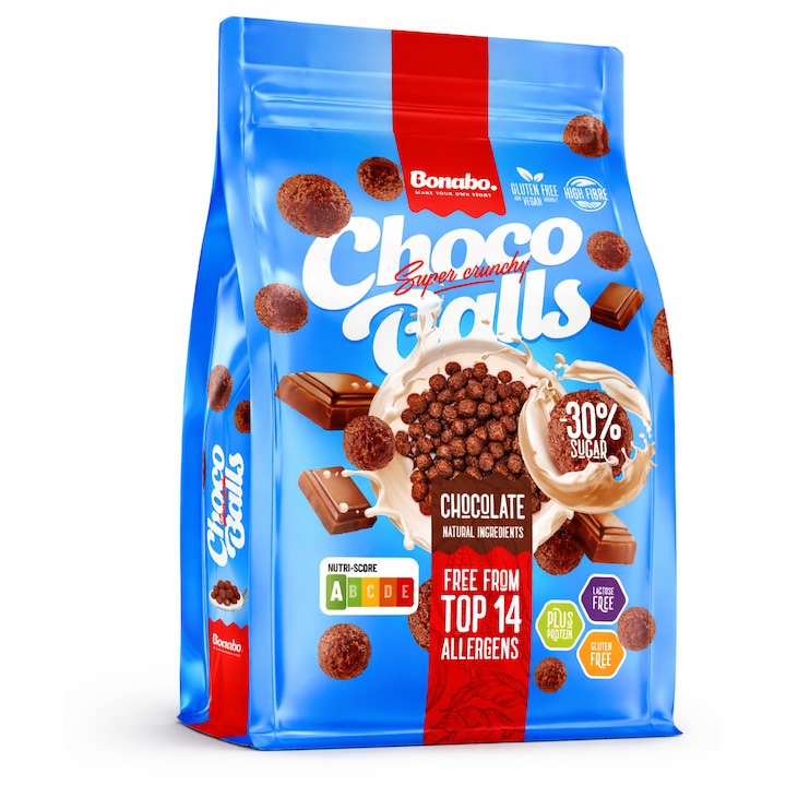 Bile de cereale cu cacao, fara gluten, fara lactoza (cu 30% mai putin zahar), 300g