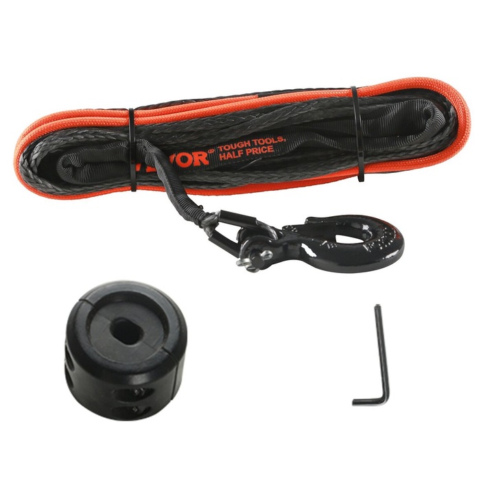 Sfoara sintetica de troliu VEVOR, 6.35 mm x 15.24 m, 4,536 kg, cu manson protector, opritor, carlig forjat, curea de tragere