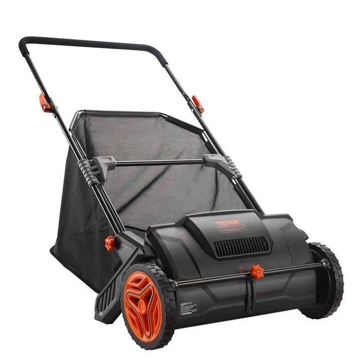 Colector de iarba VEVOR, 21 inch, capacitate 3.5 ft, roti din plastic, 2 perii rotative, negru, dimensiuni 112x67x90 cm