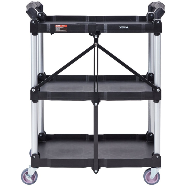 Carucior utilitar pliabil, VEVOR, 3 rafturi, capacitate maxima 165 lbs, roti blocabile, dimensiuni 65.1x39.2x83.2 cm
