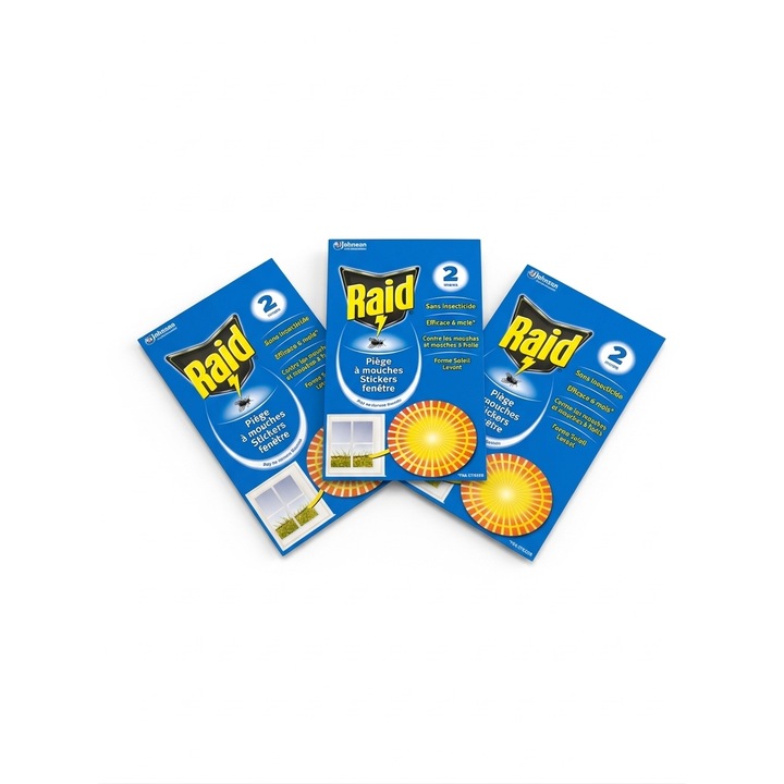 3 пакета капани за мухи тип стикер Raid, 6 стикера (3 х 2 броя), дизайн форми Soleil, без инсектицид