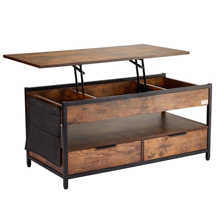 Masa de cafea cu capac rabatabil, VEVOR, 39.4", culoare maro, cu iluminare ambientala si porturi USB, dimensiuni 1000x498x480mm