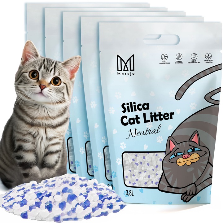 Nisip din silicon pentru pisici Mersjo, set 5x3.8L, incolor cu pete albastre, antibacteriană, antialergică