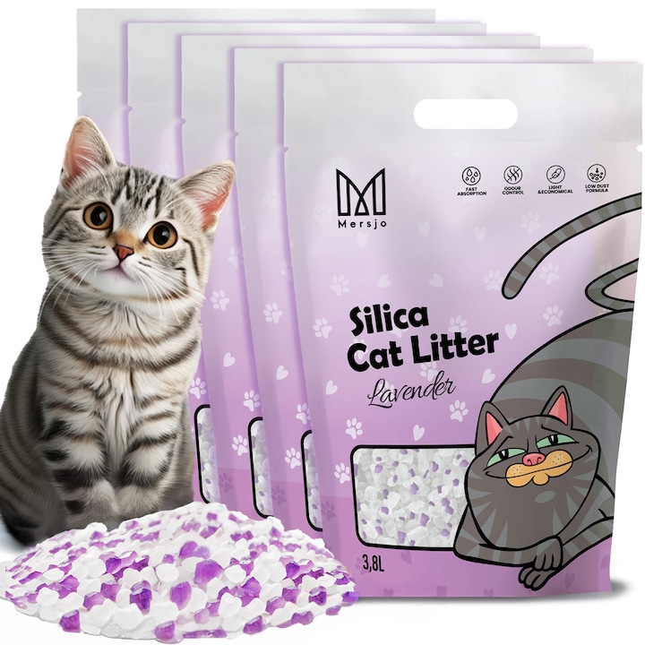 Nisip din silicon pentru pisici Mersjo Lavender, set 5x3.8L, incolor cu pete violete, absorbtie ridicata