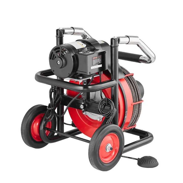 Masina de curatat canalizari electrica VEVOR D1000, 30.5m x 9.52mm, rosu/negru, 8 inch