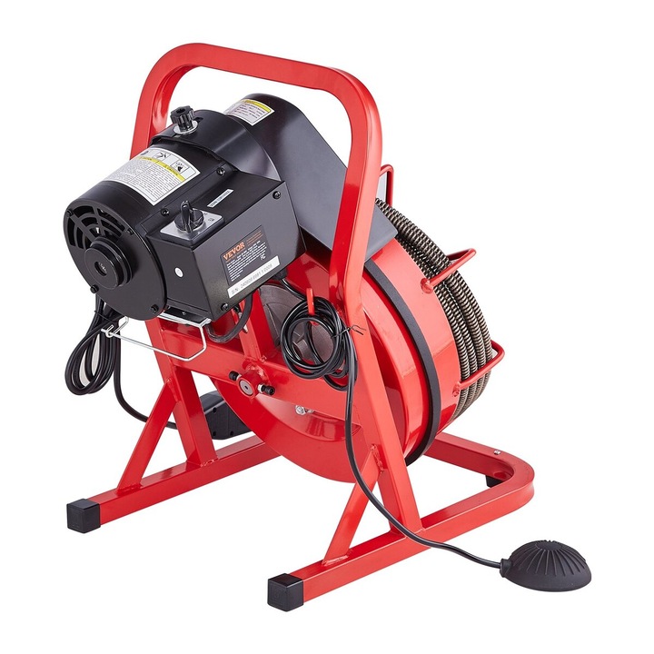 Masina de curatat canalizari VEVOR, 50FT x 1/2 inch, 4 taietoare, rosu/negru, 21.5x13x20.9 in