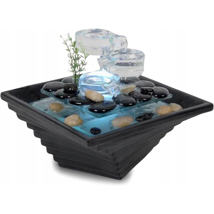 Декоративна вътрешна чешма с LED осветление, черна, 23x23x20см