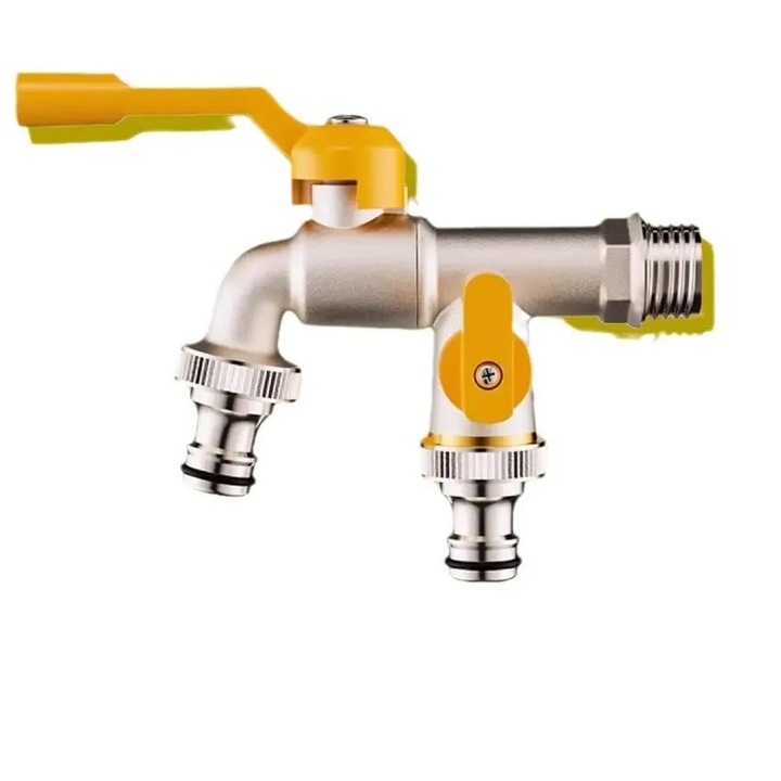 Robinet de gradina cu doua iesiri, instalare pe un singur orificiu, rezistent la coroziune