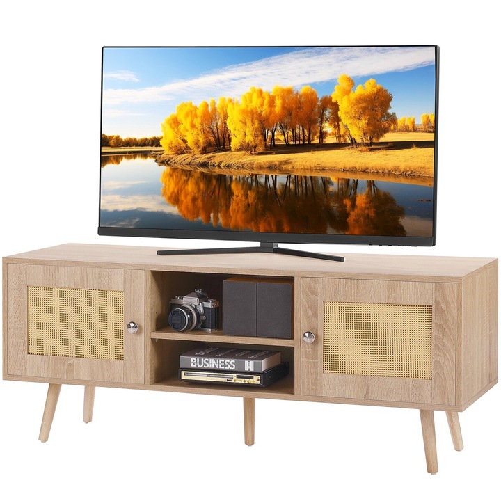 Comoda TV din ratan, VEVOR, pentru TV de 55 inch, design modern, culoare stejar, dimensiuni 120x40x49cm, 3 rafturi ajustabile