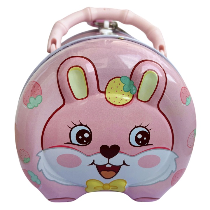 Pusculita copii, Iepuras, Tip gentuta cu toarta, Metalica, Lacat si 2 chei, Fanta monede si bancnote, 11x11x10 cm, Roz