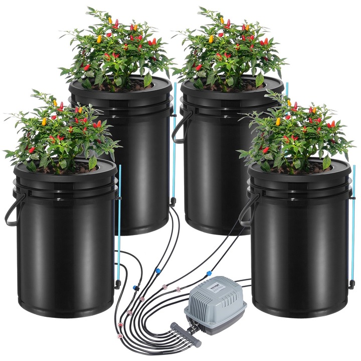 Sistem hidroponic DWC VEVOR, 4 galeti, 20L, cu kit de irigare prin picurare, accesorii complete, 300x300x380mm