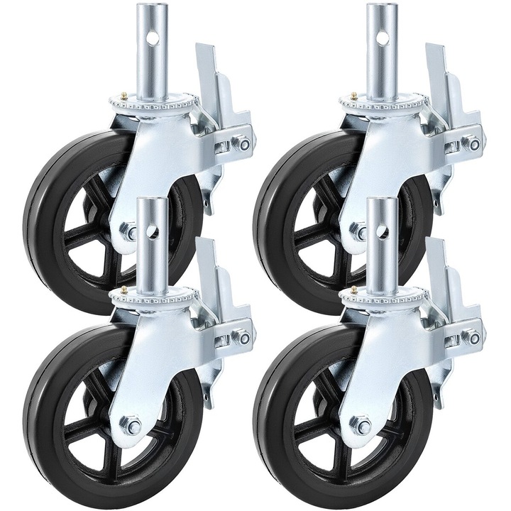 Set 4 roti pivotante din poliuretan cu miez din fier, VEVOR, 8 inch, capacitate 1100 lbs, frana dubla, 360 grade