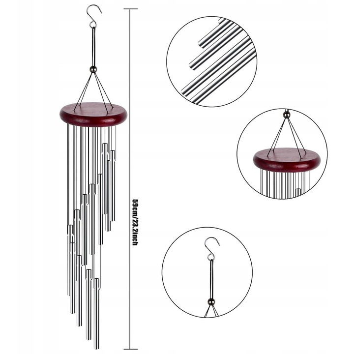 Clopote de vant din aluminiu, 59 cm, decorare gradina, lemn/metal